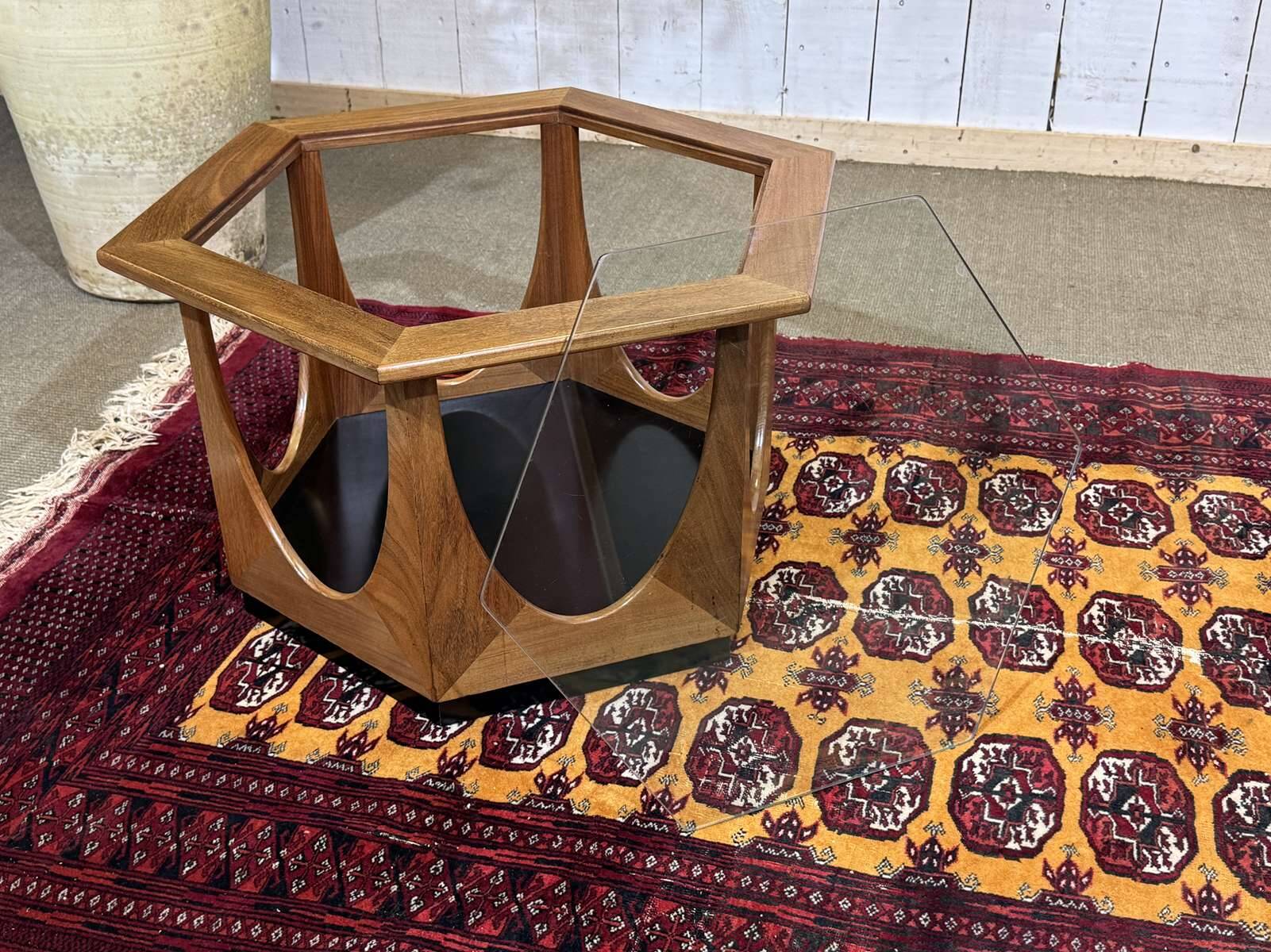 1970s octagonal GPlan gueridon in teak with a glass top.