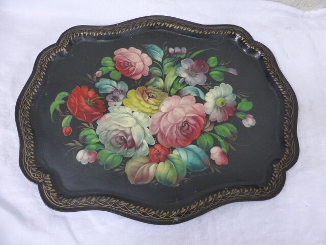 Bohemian and folk this metal tray painted with multicoloured flowers painted hand, russian vintage