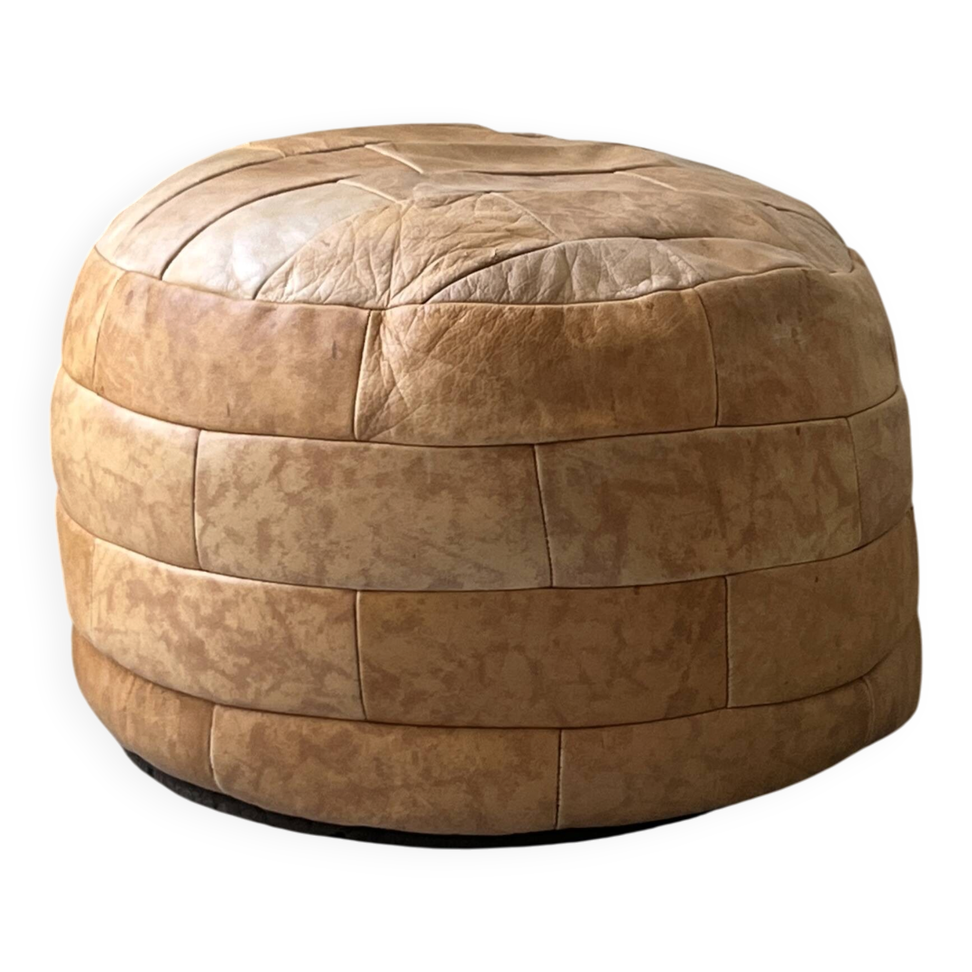 Pouf patchwork of natural cognac leather by De Sede, design 1970.