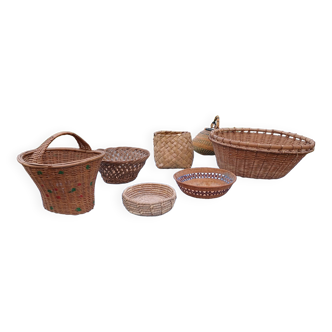 Set of Raffia Wicker Basket, Chestnut Slats, etc.