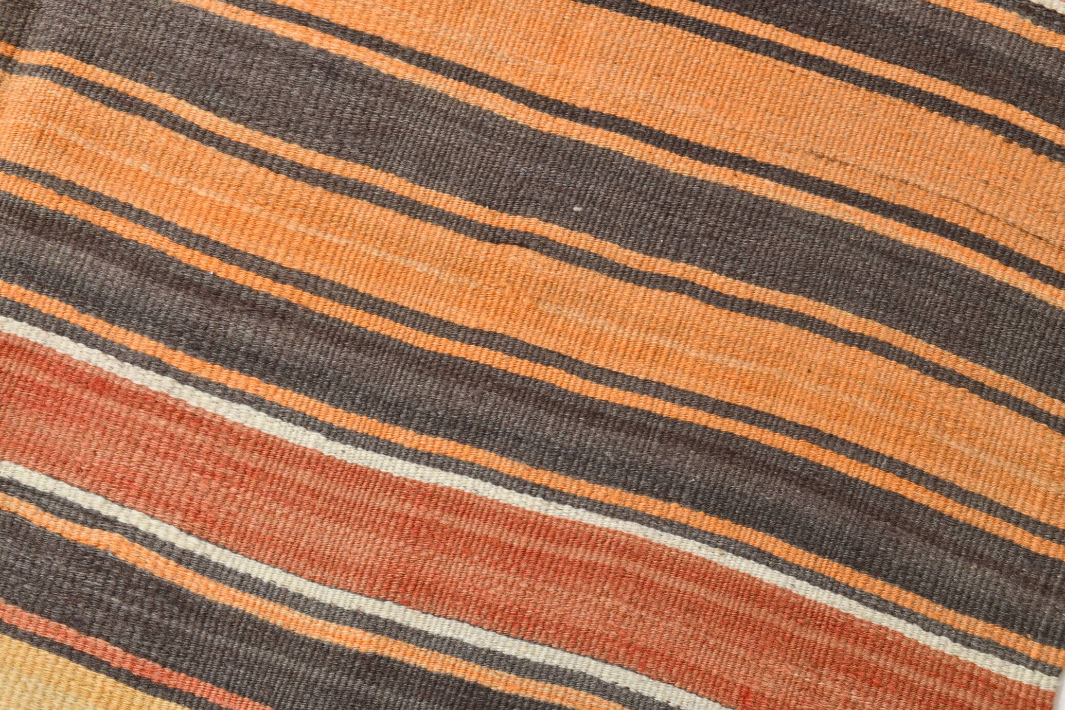 4x7 Kilim Terracotta Red & Orange Striped Turkish Vintage Kilim Rug