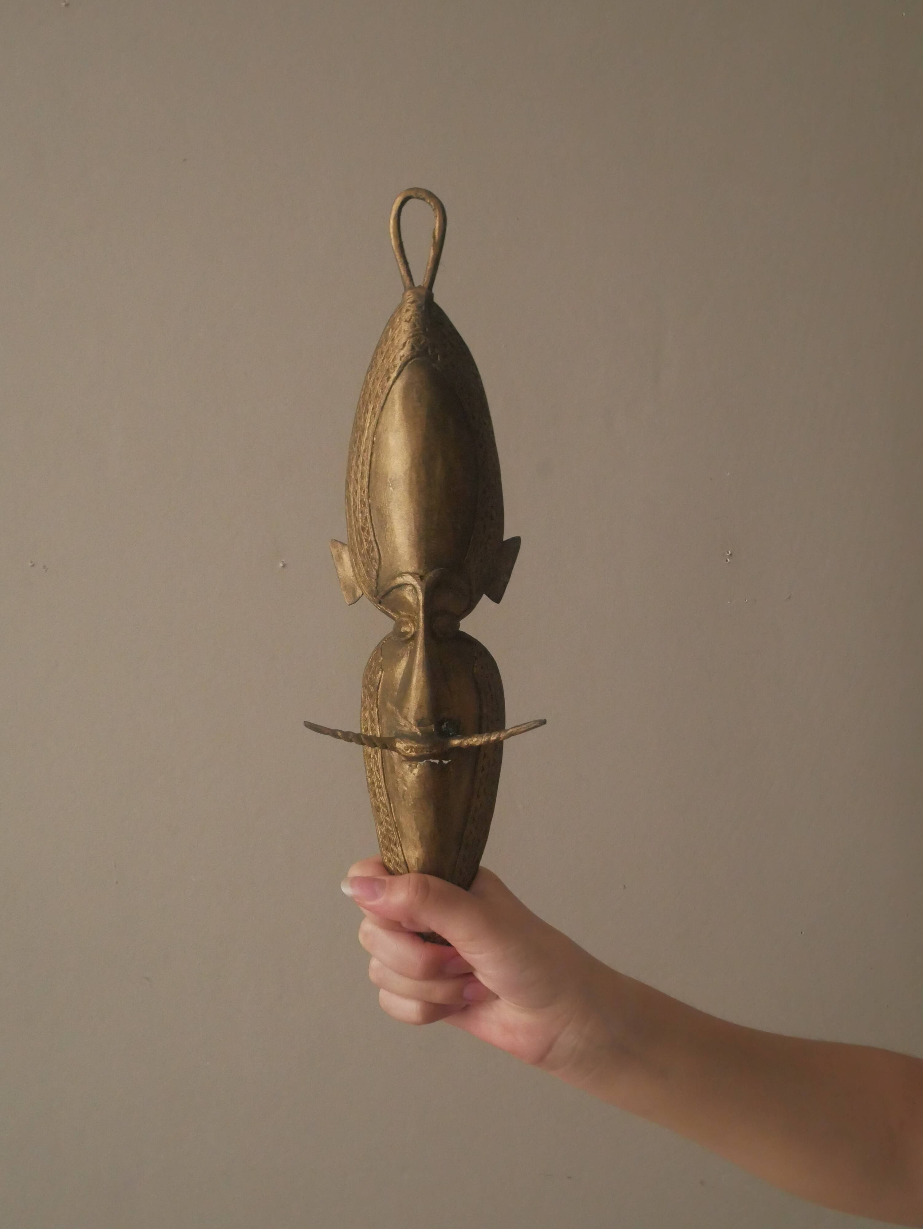 Brass mask tribal ethnic wall decoration object vintage African art handmade sculpture