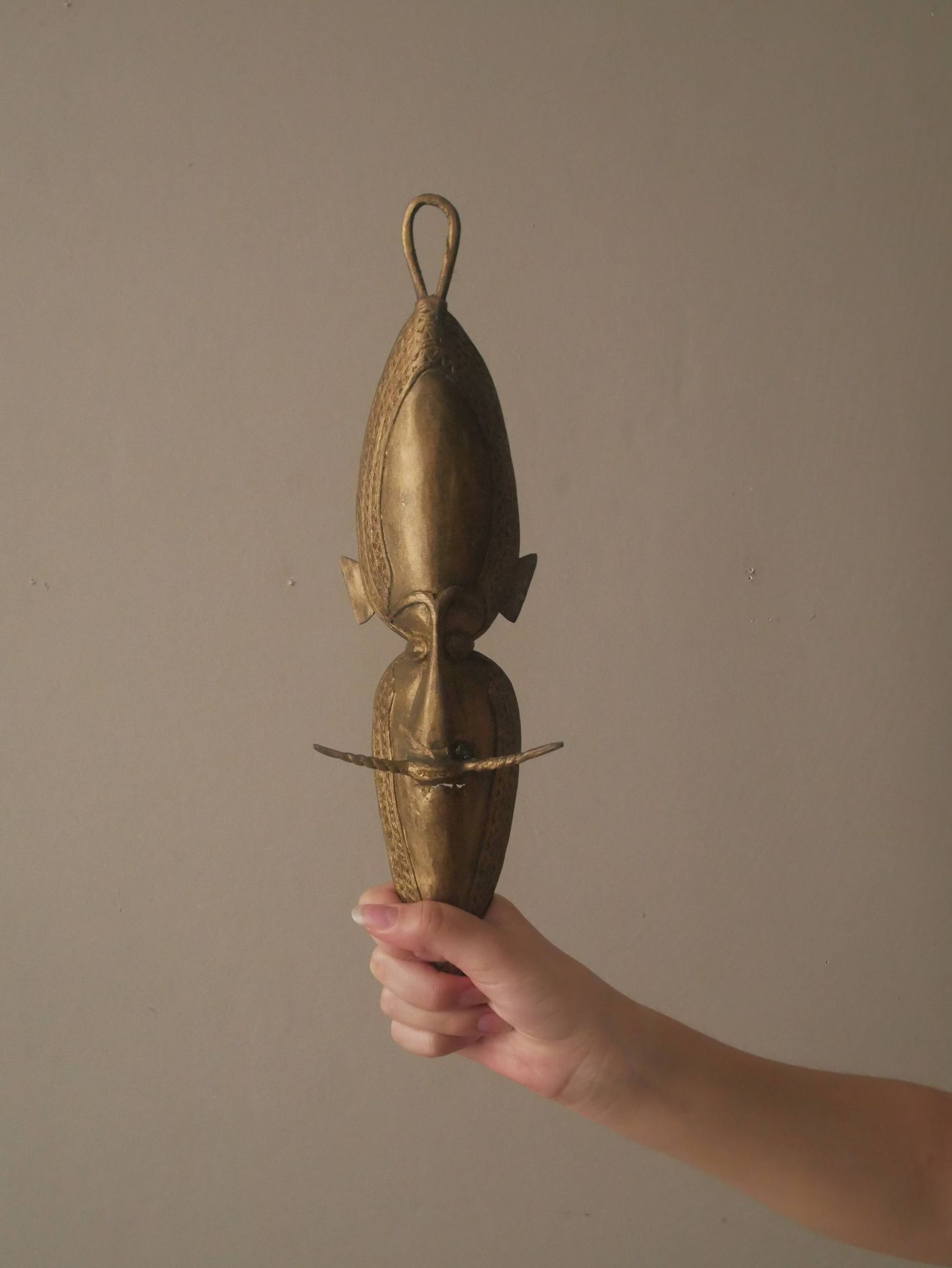 Brass mask tribal ethnic wall decoration object vintage African art handmade sculpture