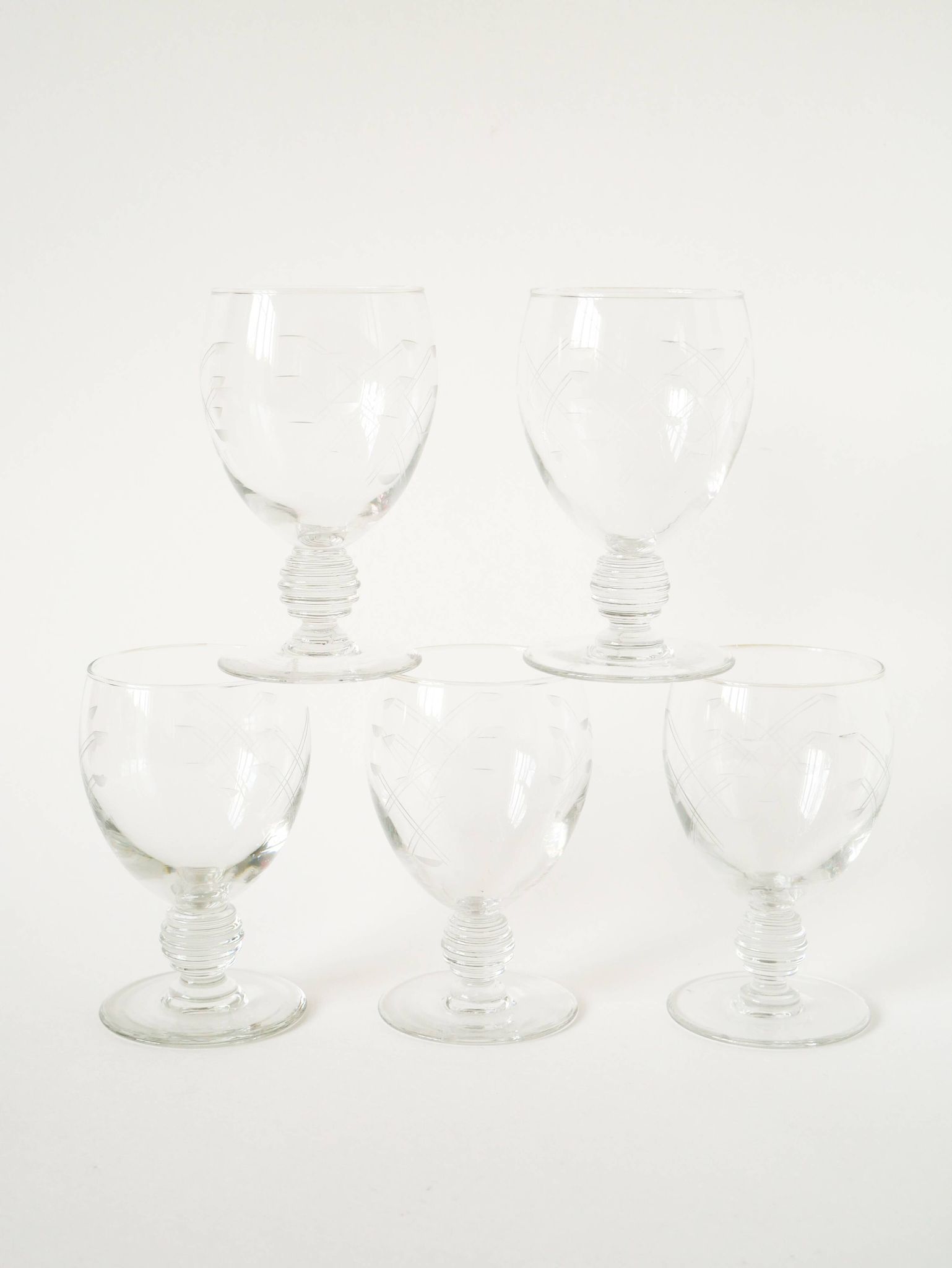 Set of 5 large wine glasses with ornate stems, in engraved crystal, Art Nouveau