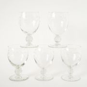 Set of 5 large wine glasses with ornate stems, in engraved crystal, Art Nouveau