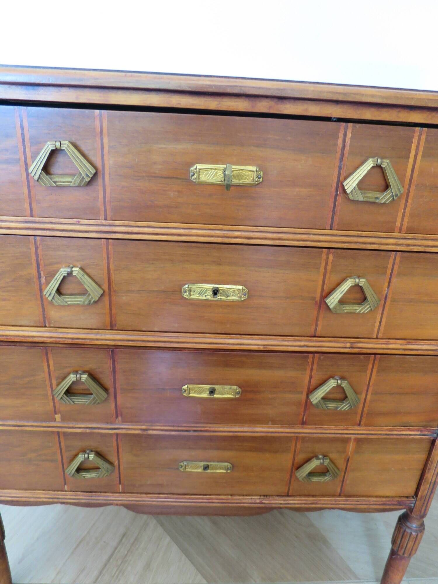 Art Deco chest of drawers - 4 drawers - locks - checkered wood veneer top - 50s