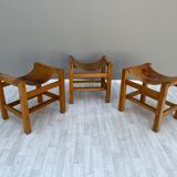 House Regain 3 Stools In Solid Elm And Leather 70s