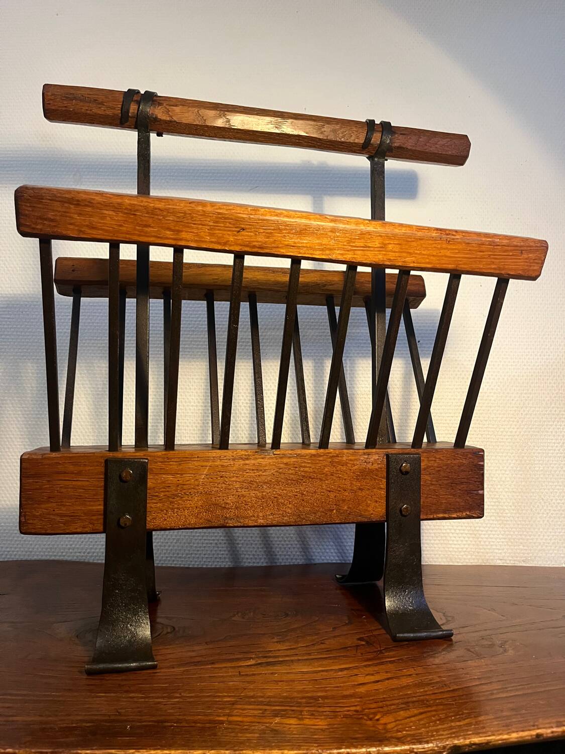 Brutalist magazine rack, solid wood and wrought iron