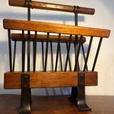 Brutalist magazine rack, solid wood and wrought iron