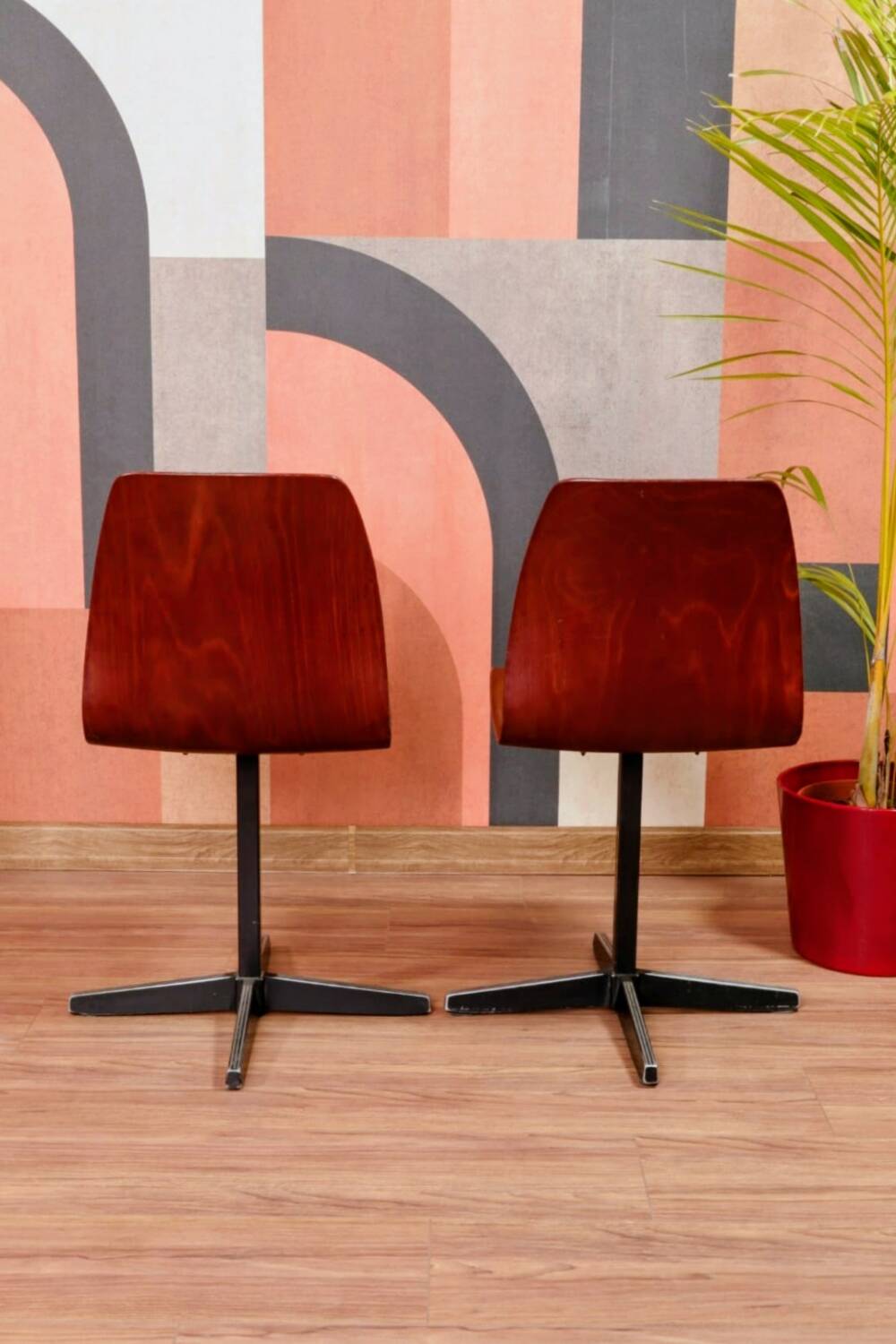 Pair of children's chairs made of plywood, vintage style, metal legs