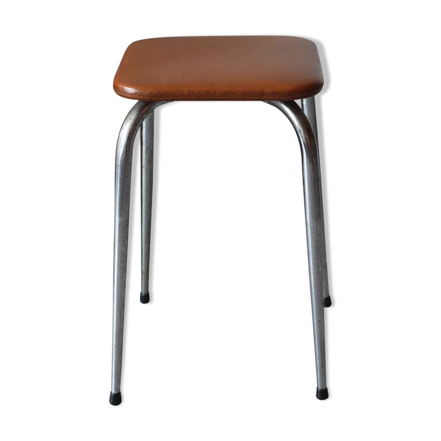 Chromed metal stool and brown skai 70s