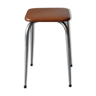 Tabouret métal chromé et skai marron années 70