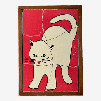 Cadre puzzle en bois des années 50/60 représentant un chat