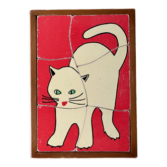 Cadre puzzle en bois des années 50/60 représentant un chat