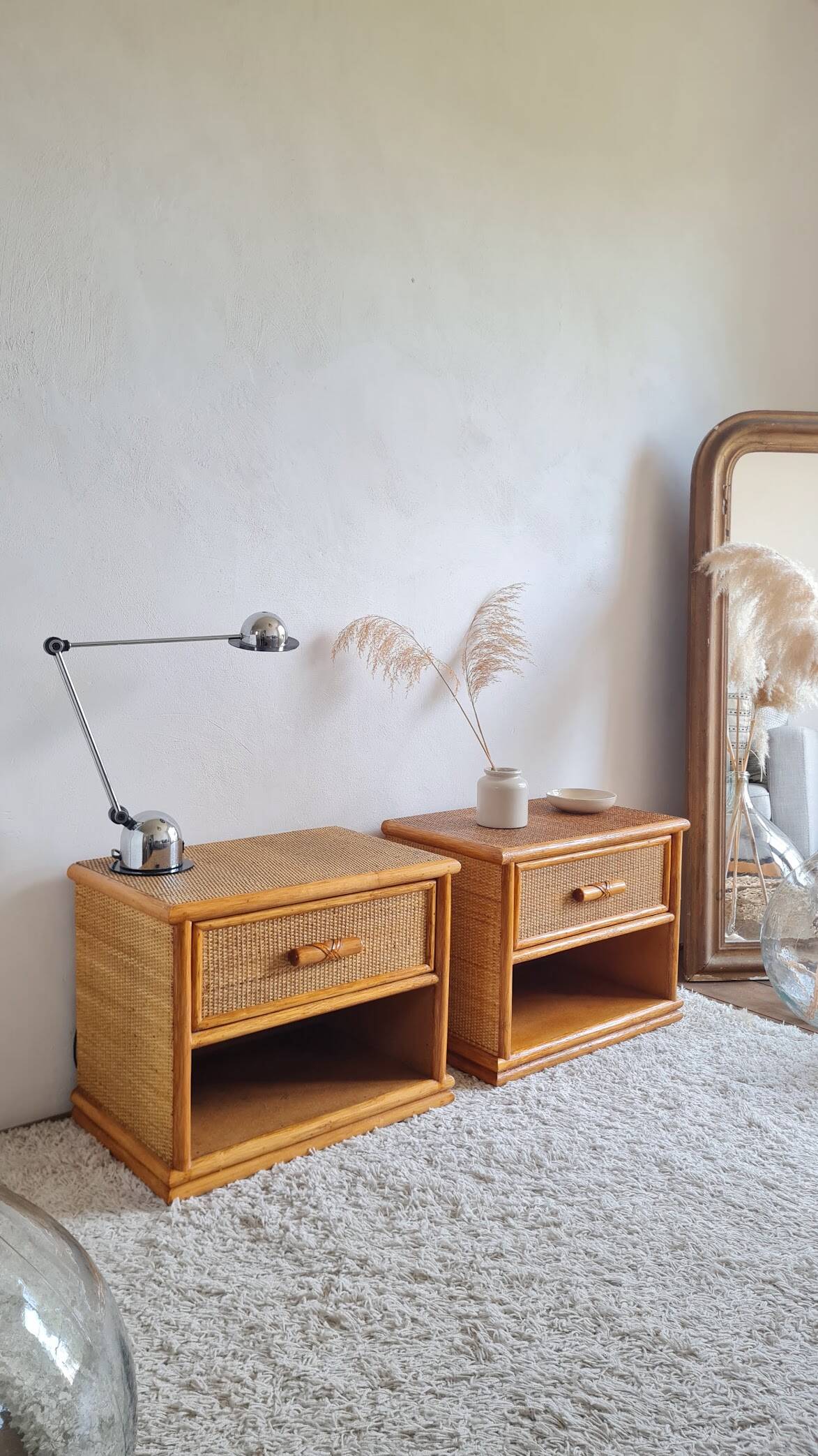 Pair of vintage rattan bedside tables from the 1970s.