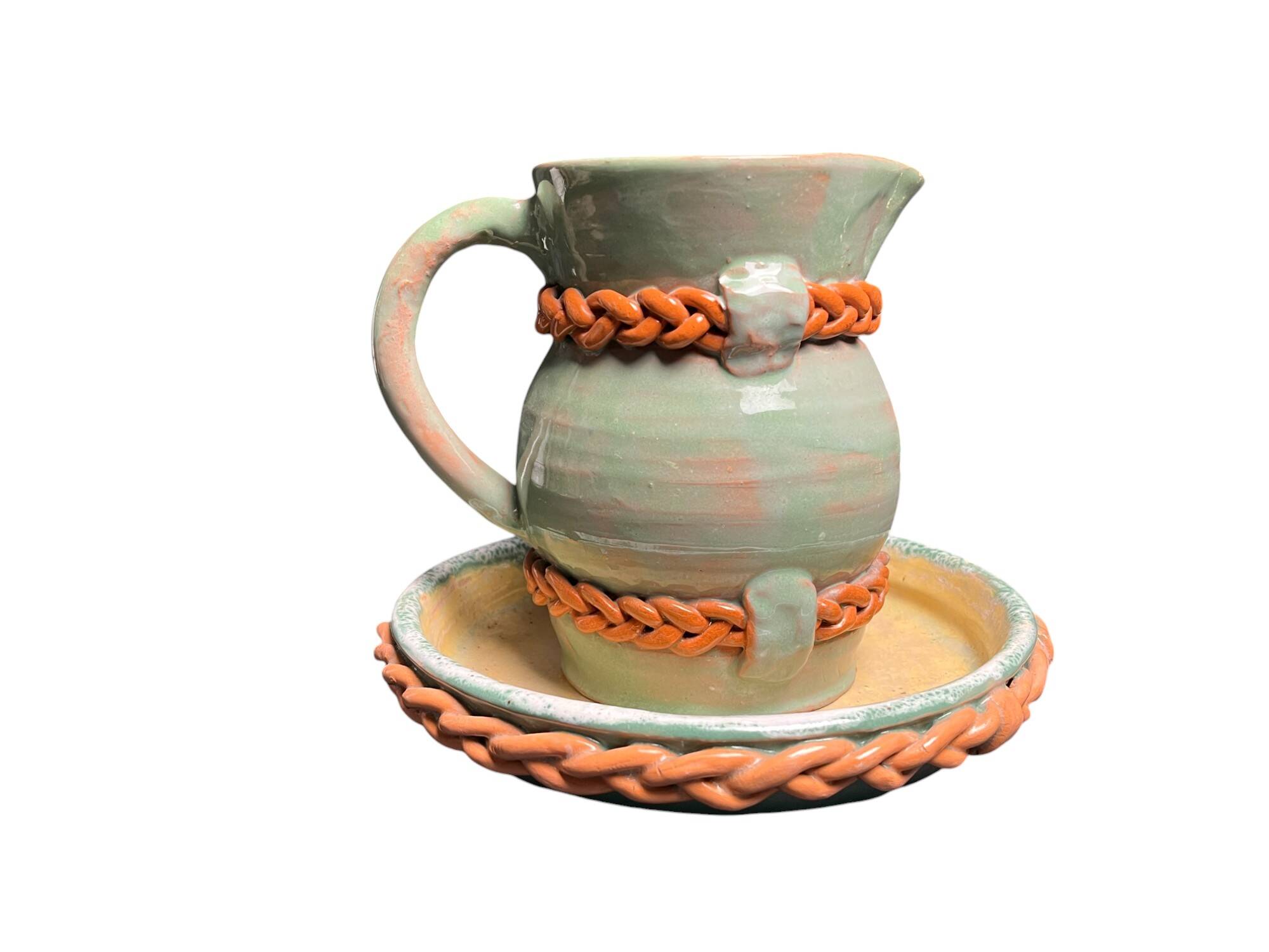 Vintage set of pitcher and saucer, Puisaye stoneware, 20th century