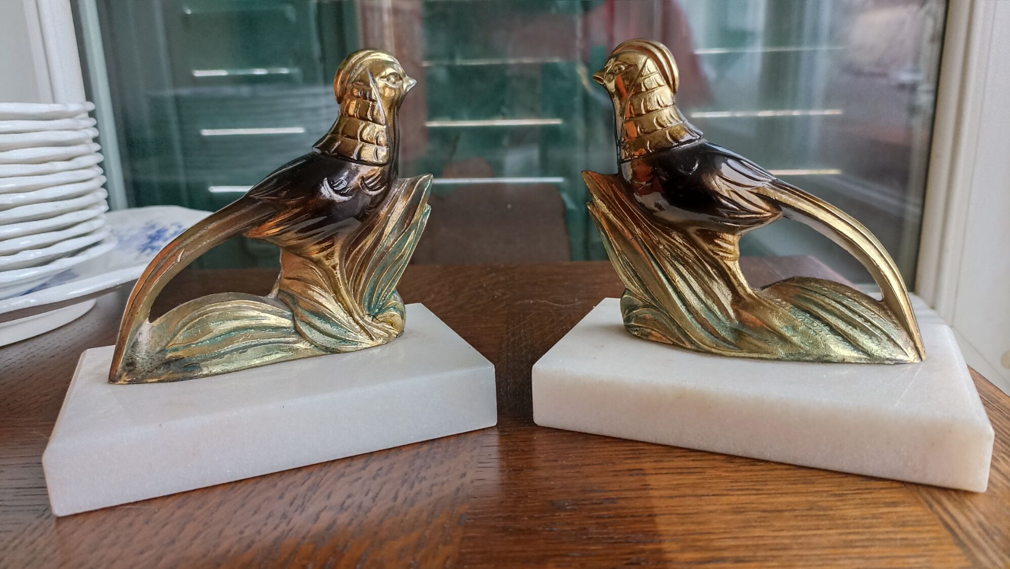 Marble and zinc art bookends - Pheasants