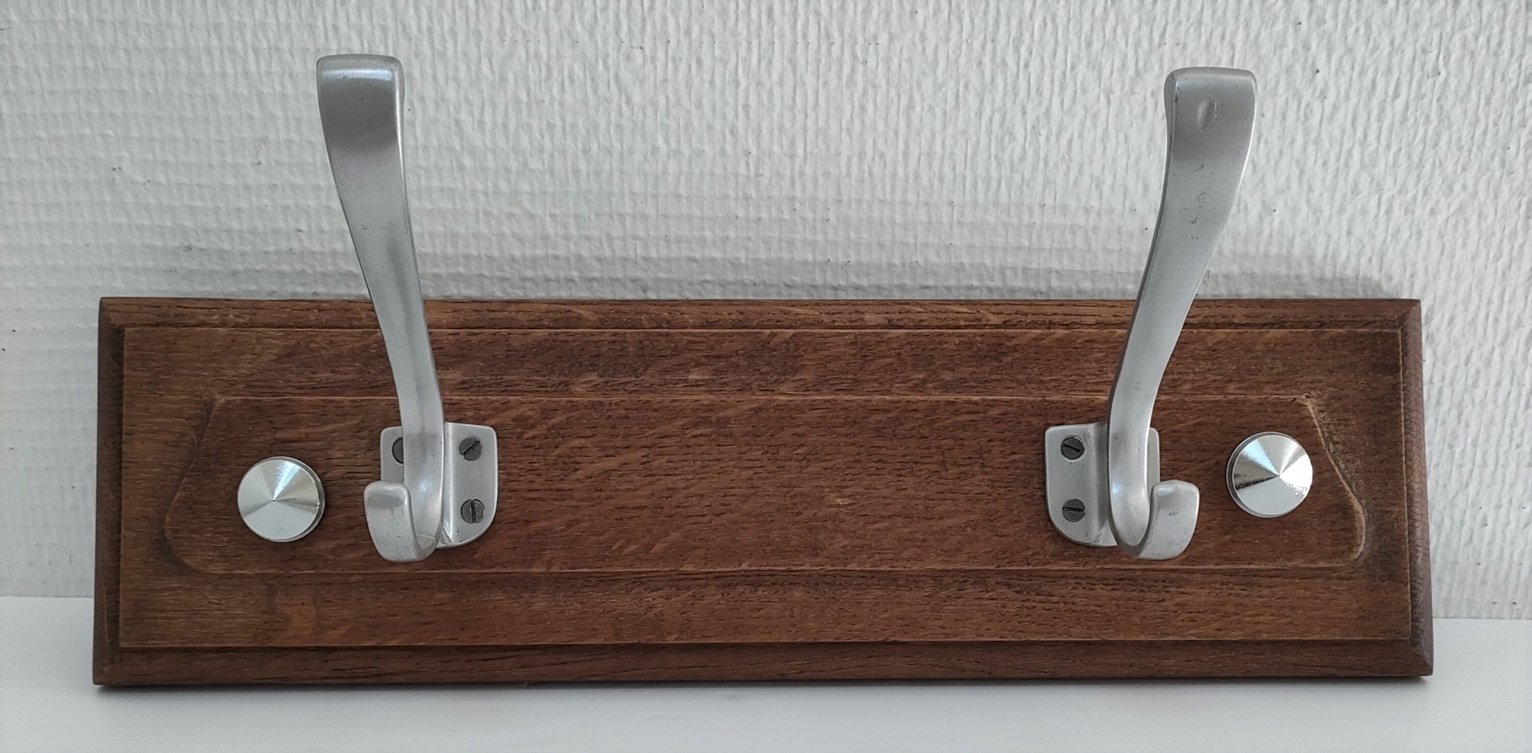 Patinated solid oak coat rack and vintage aluminum hooks