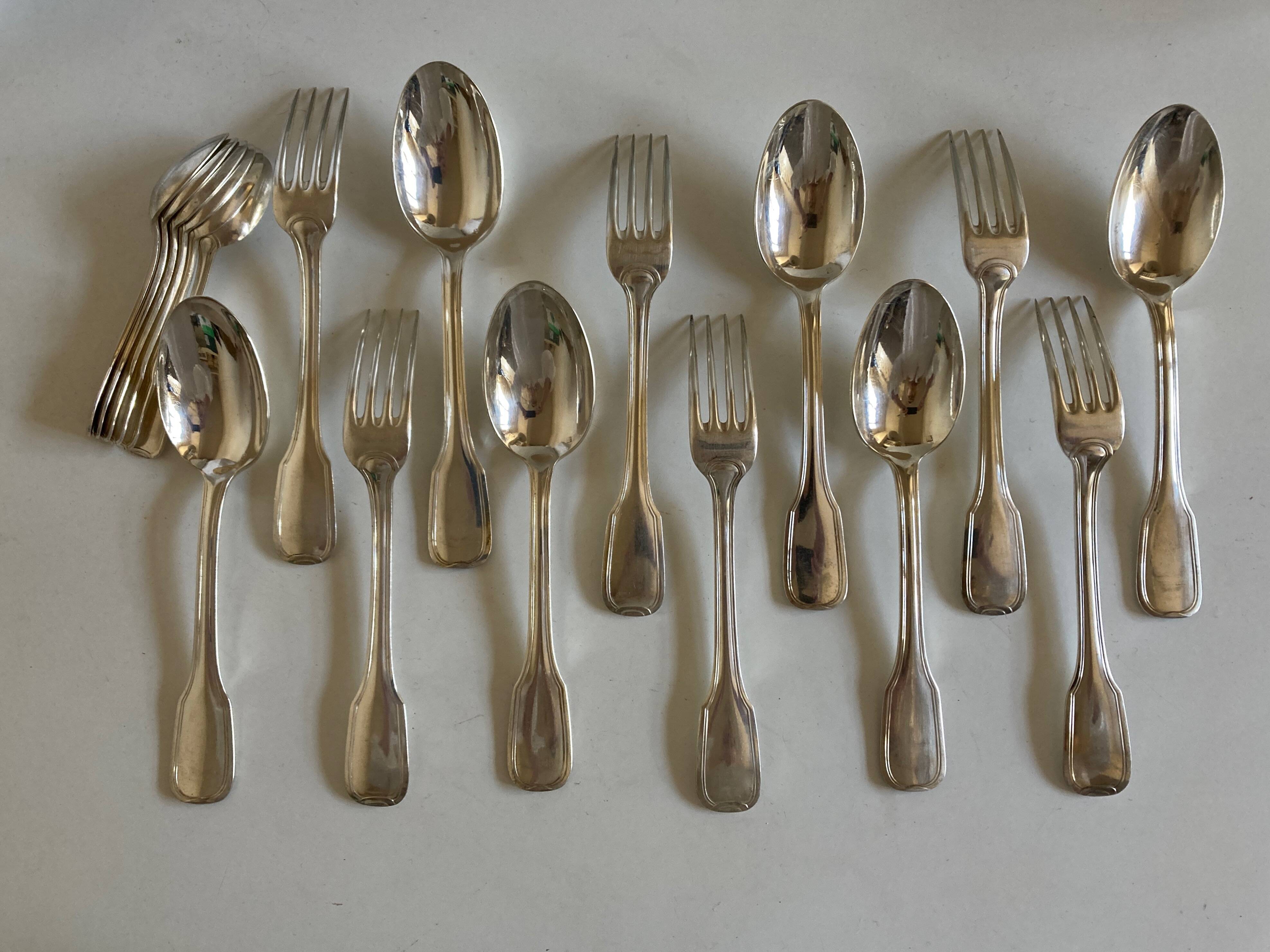 Set of 6 forks, 6 spoons, 6 small modernist spoons in silver metal