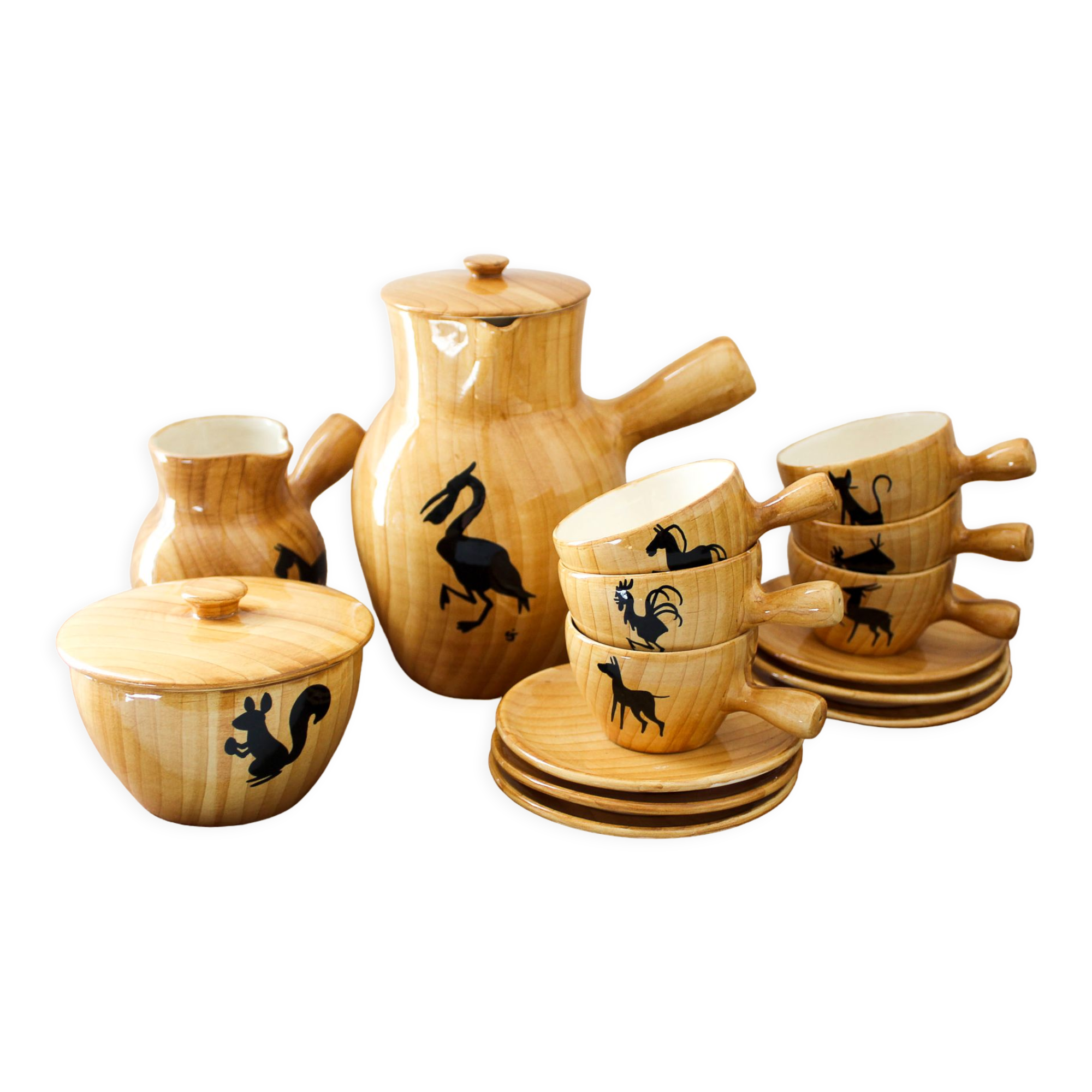 Ceramic coffee set imitation wood Grandjean-Jourdan Vallauris