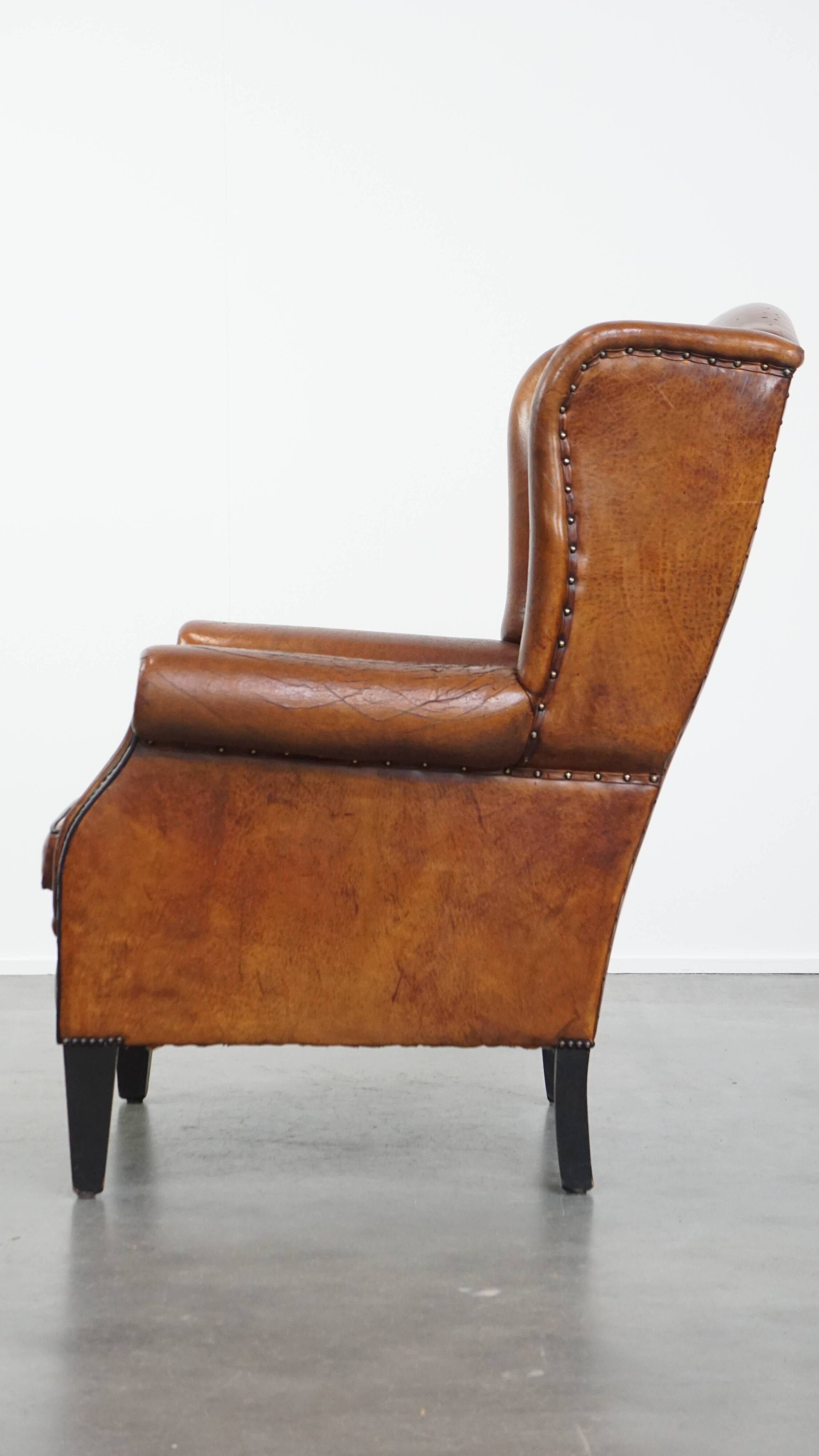 Large Vintage Sheepskin Leather Wingback Chair