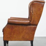 Large Vintage Sheepskin Leather Wingback Chair