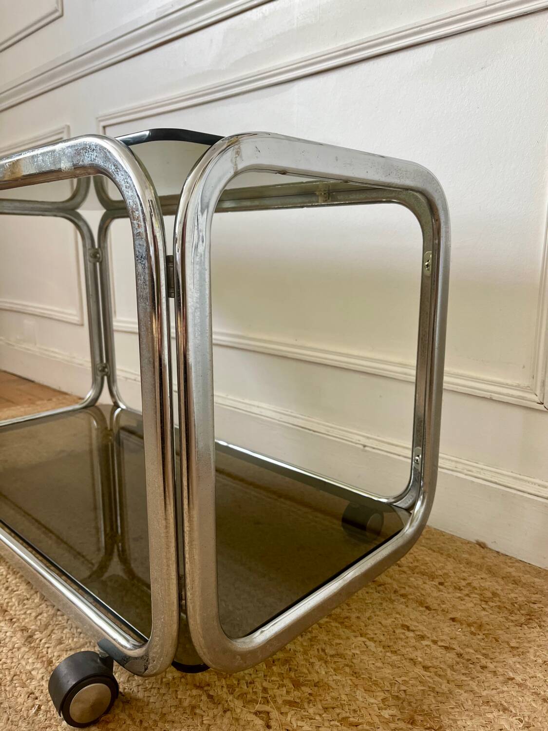 Rolling serving cart in chromed steel and smoked glass, 70s design