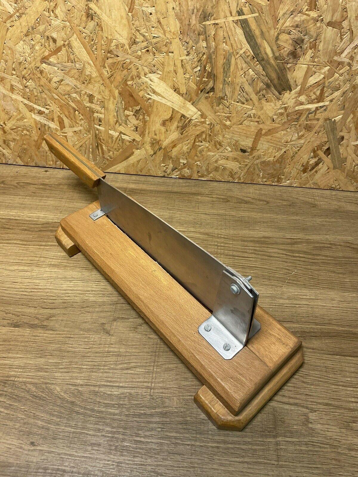 Antique bread cut, stainless steel blade, wooden base, vintage chic countryside