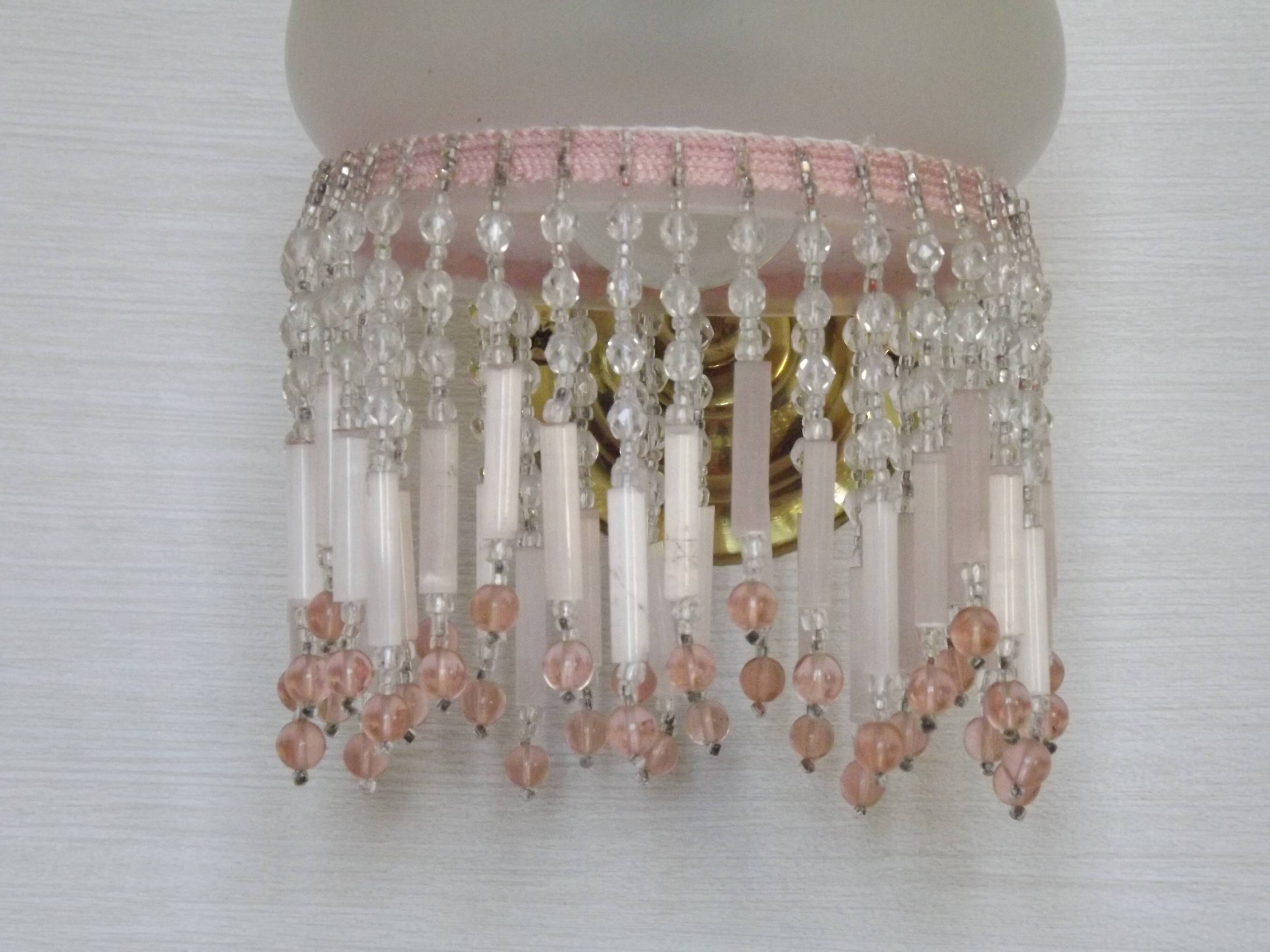 Pair of French Vintage Gold Wall Lights Pink Glass Beaded Fringe Shades