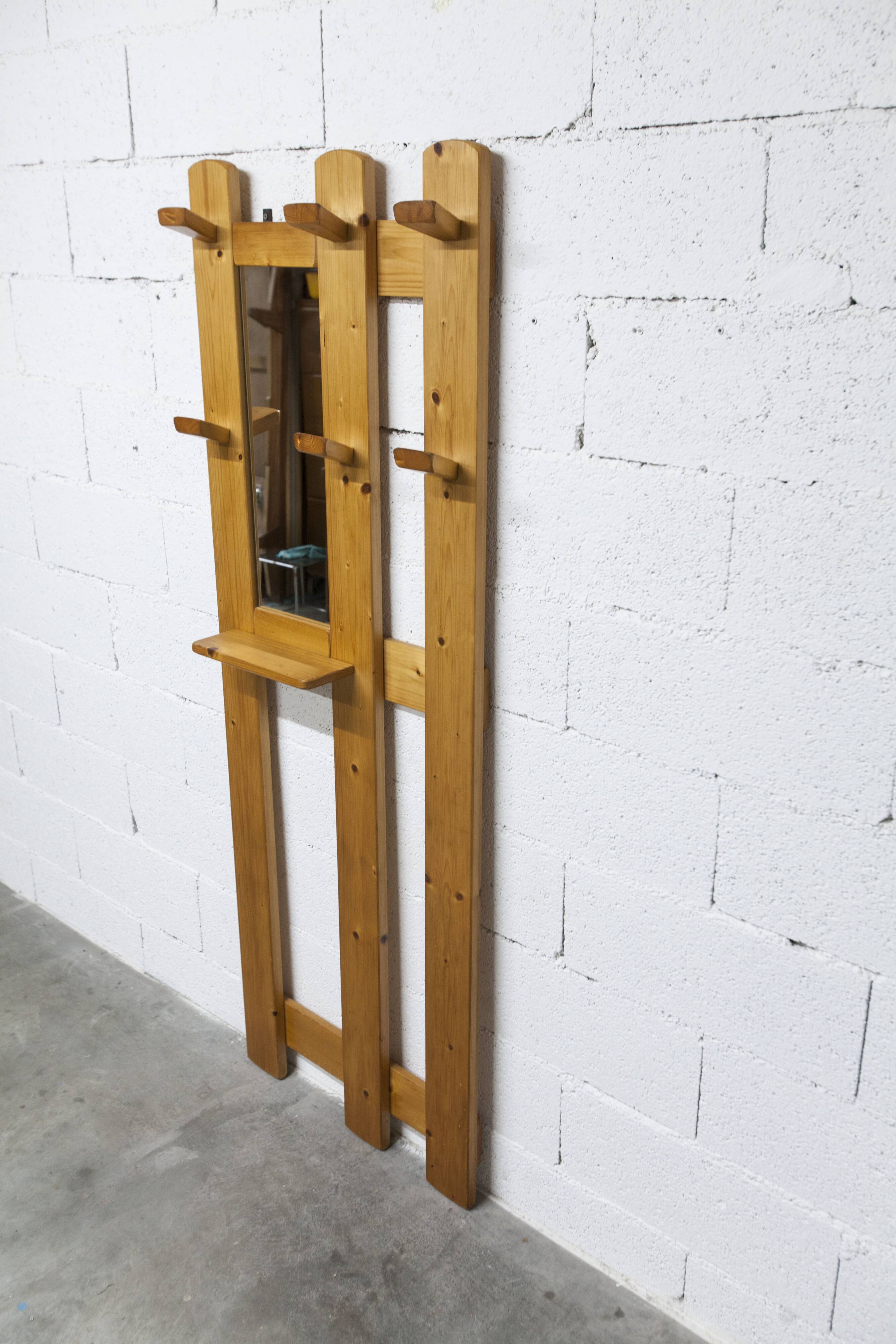 Wall-mounted coat rack, mountain style, pine, honey colour, 1970.