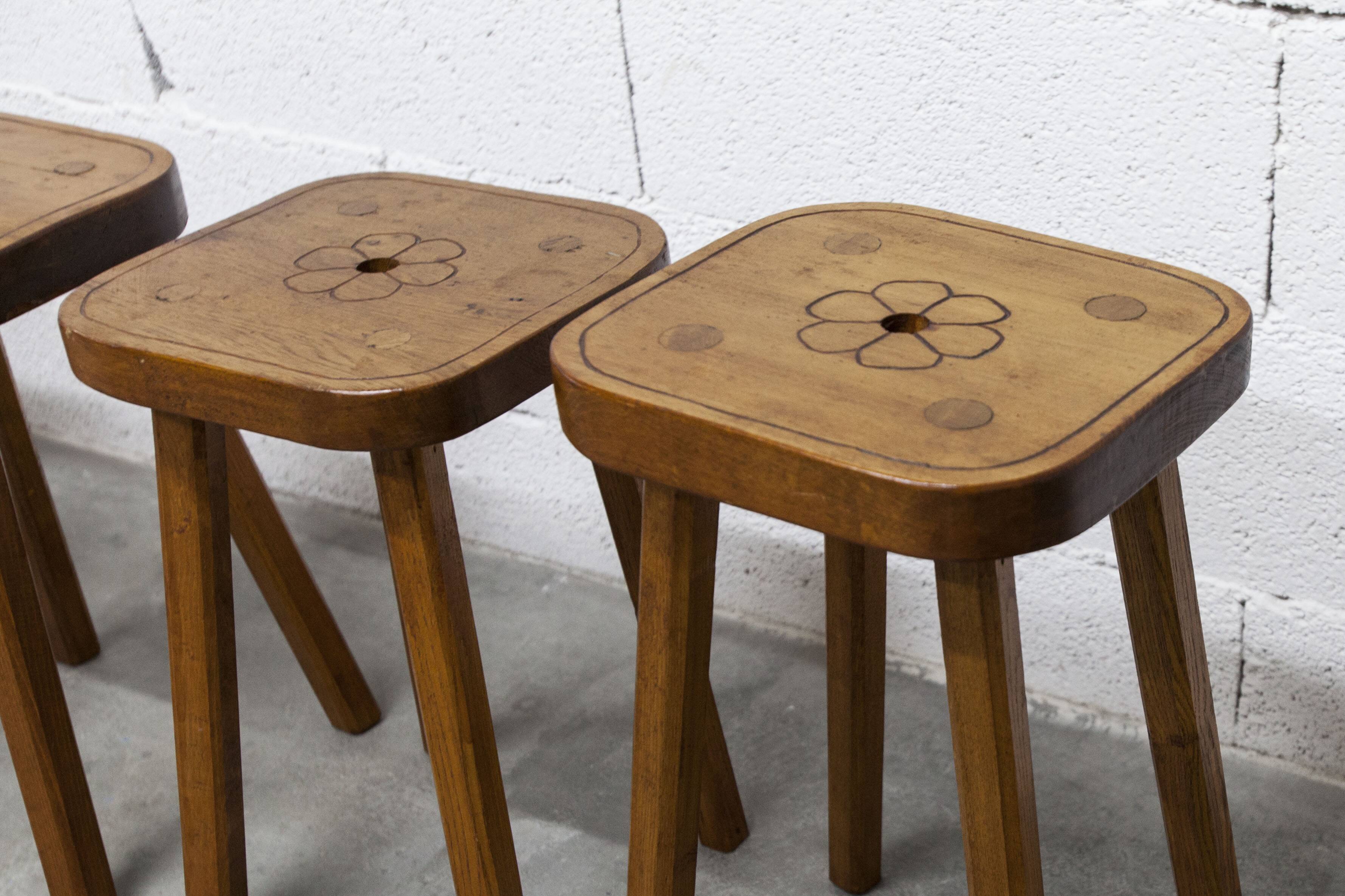 Set of 4 brutalist stools, handcrafted, 1960, flower.