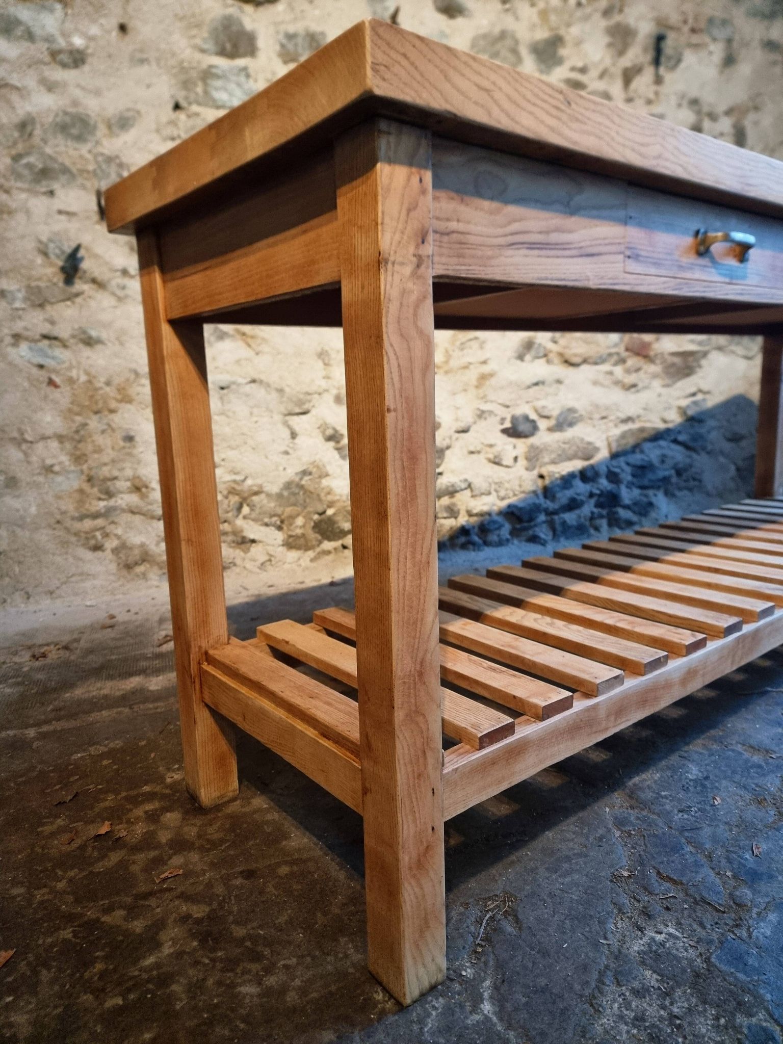 Old French baker's table – kitchen island / work table in solid chestnut with drawers.