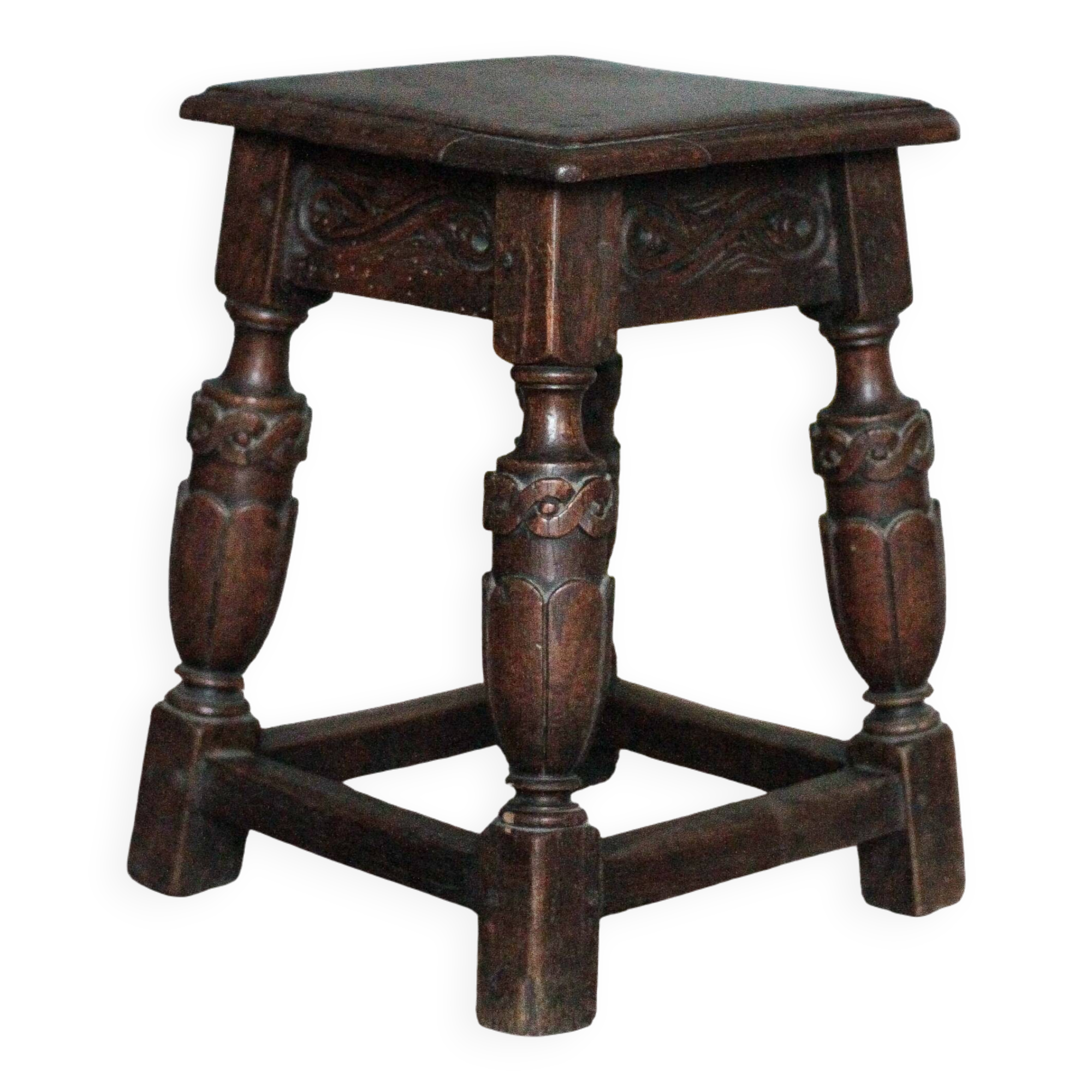 Antique wooden stool in Elizabethan English style, occasional stool