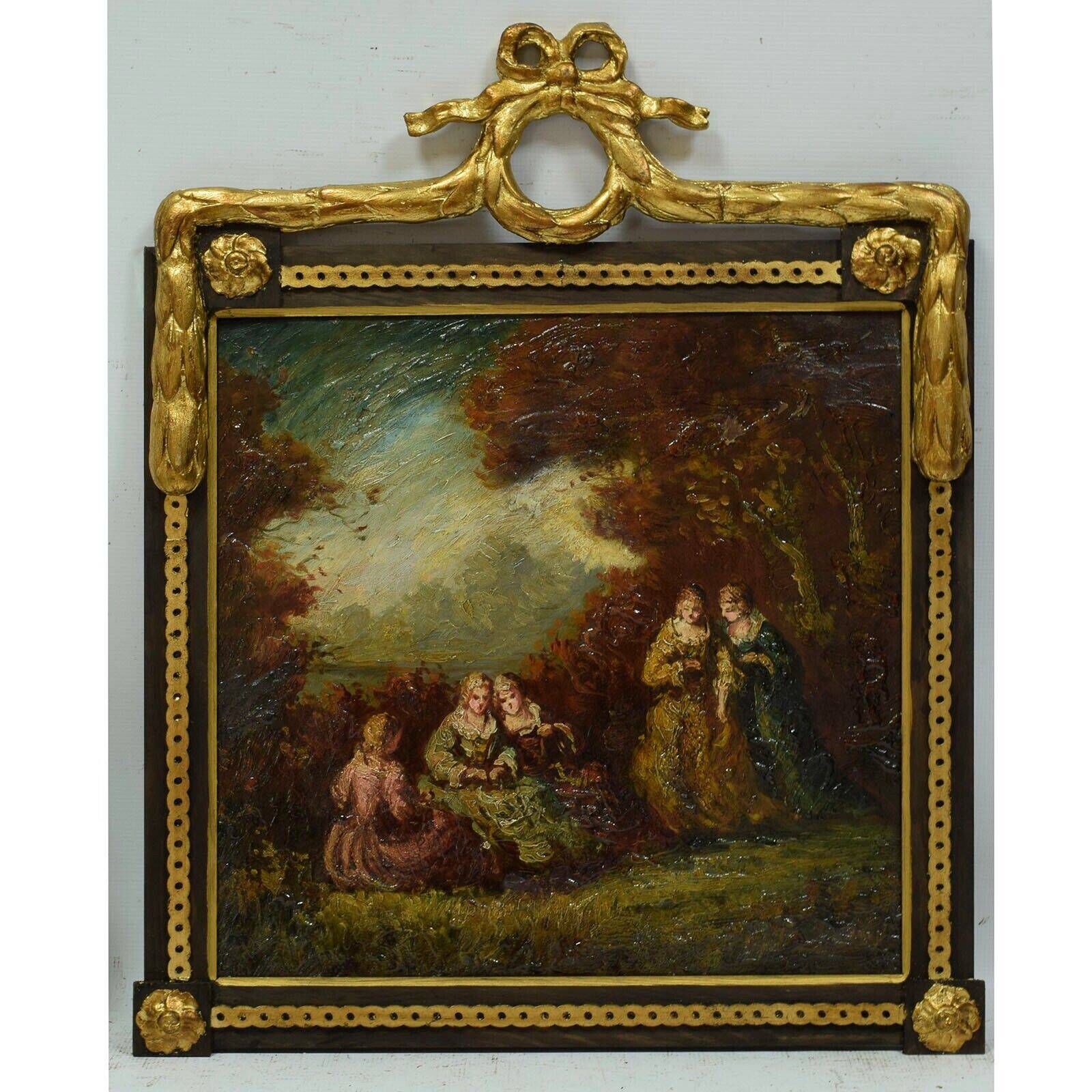 Old oil painting genre scene women walking in the forest - French school