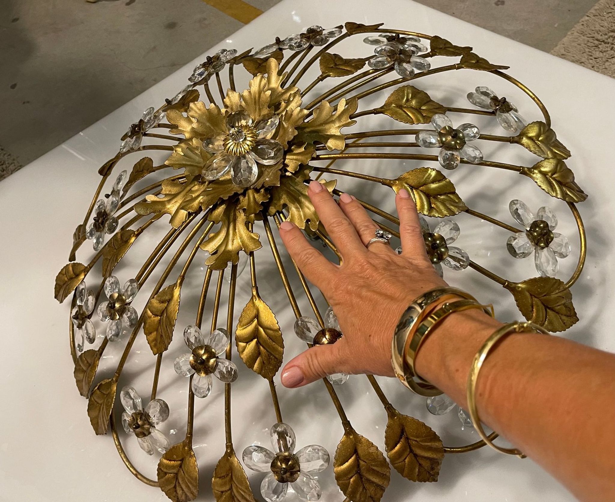Italian gold gilded tole crystal flower flush mount, 1960s