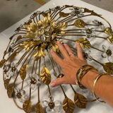 Italian gold gilded tole crystal flower flush mount, 1960s