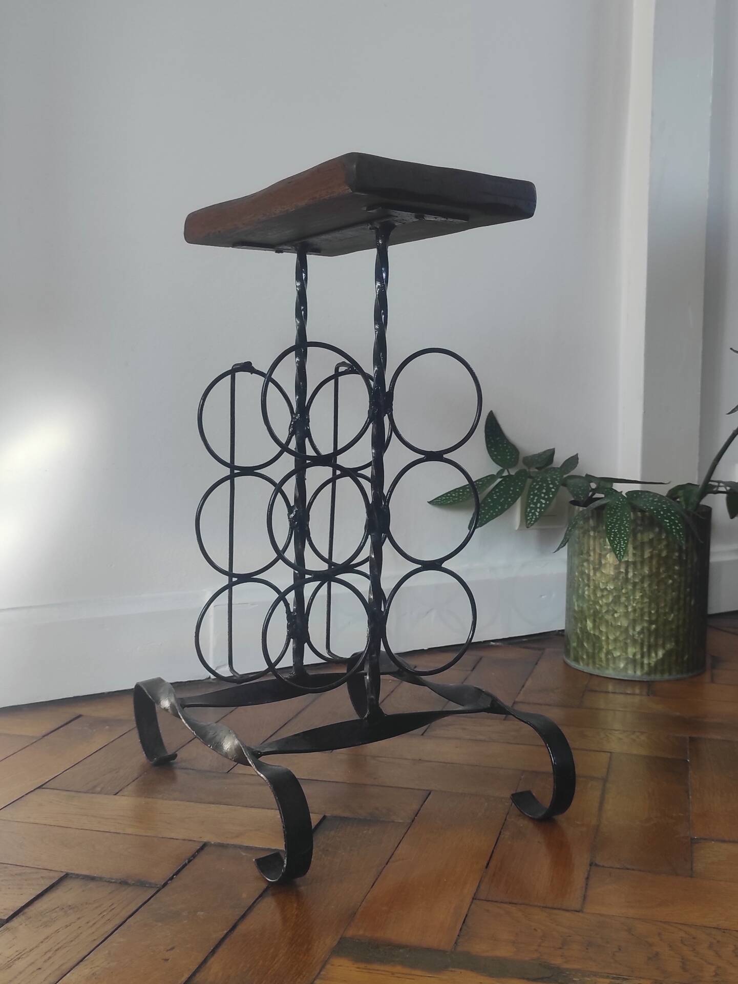 Side table, brutalist bottle holder in wrought iron and solid wood.