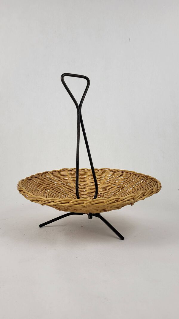 Corbeille vintage en rotin et métal 1960's