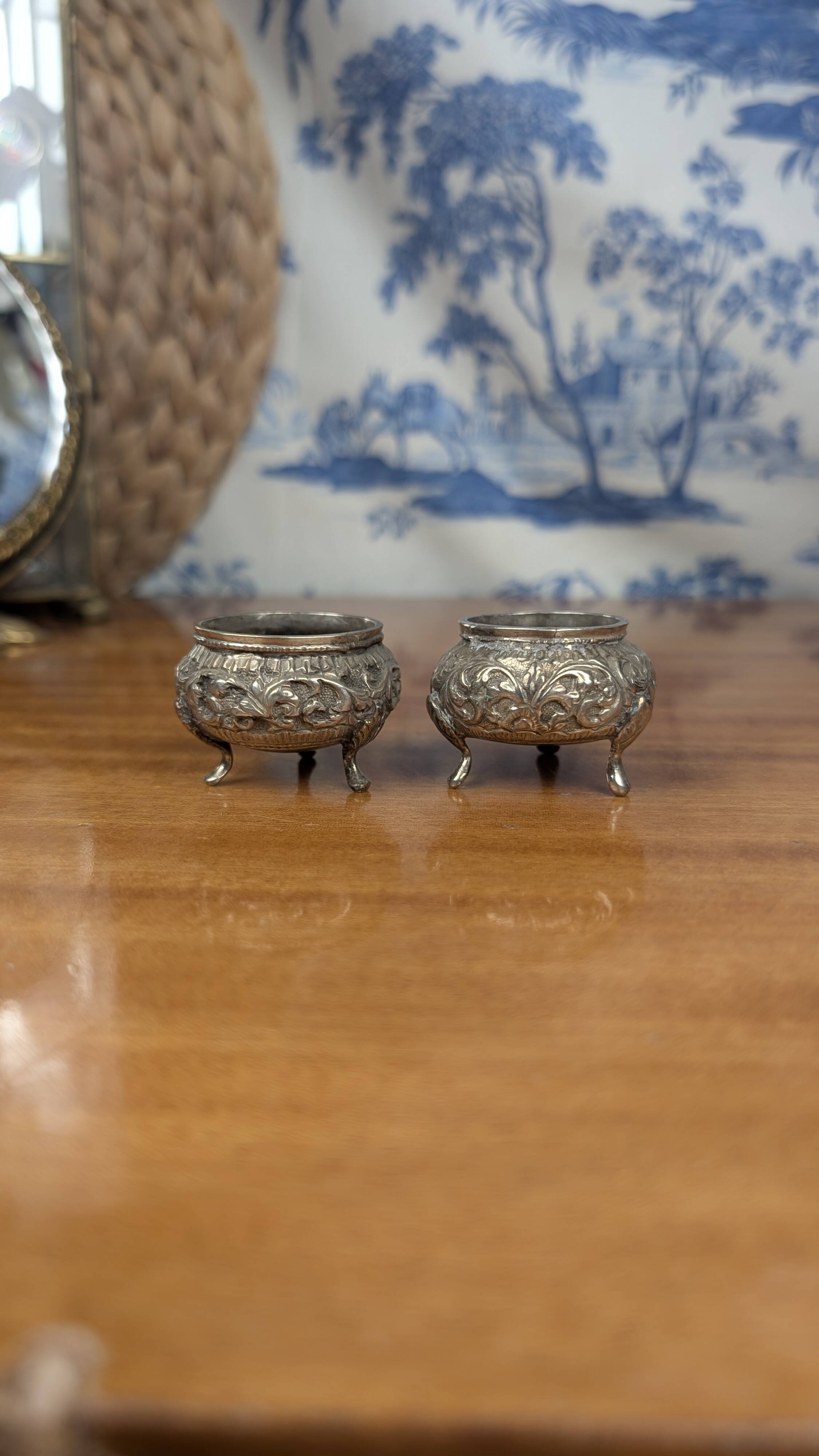 Indian Kutch 800 Silver Open Salt Cellar Pair of 800 Silver Salt Cellars