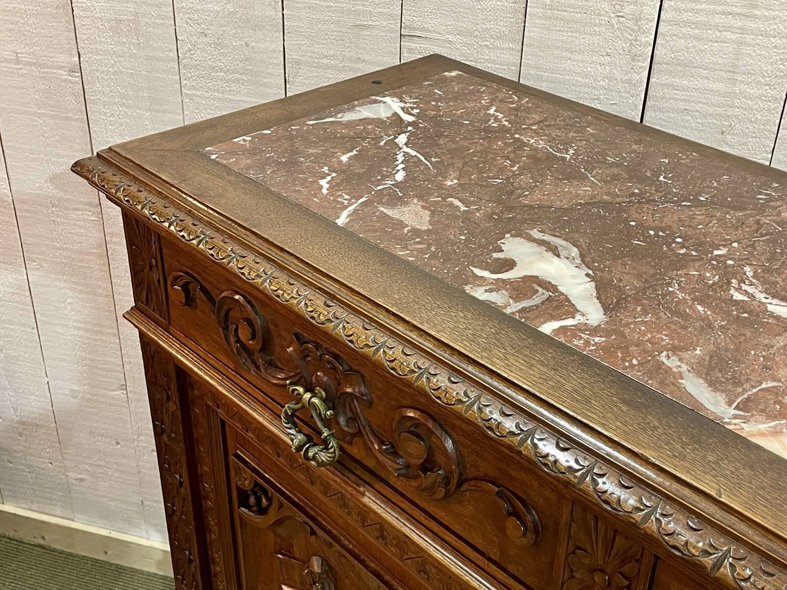 Early 20th century Breton oak serving trolley with a marble top