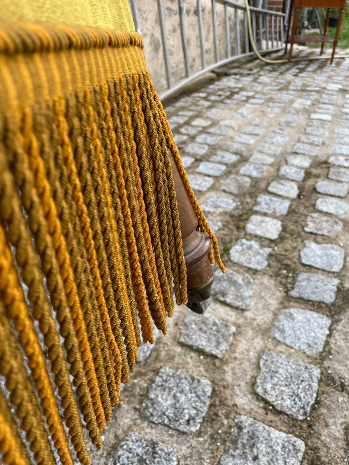 Mustard yellow velvet toad armchair with fringes