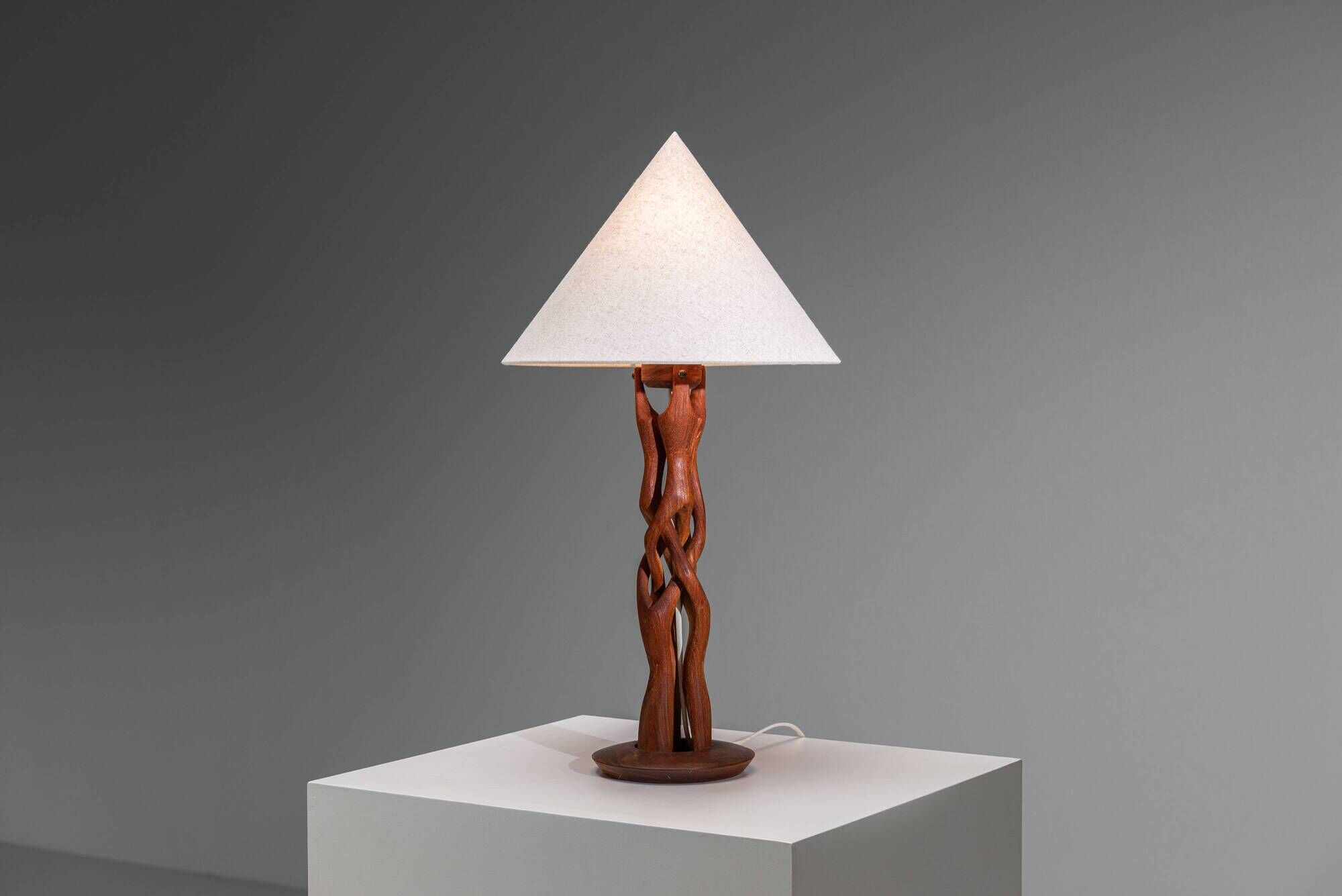 Organic form sculptural teak table lamp