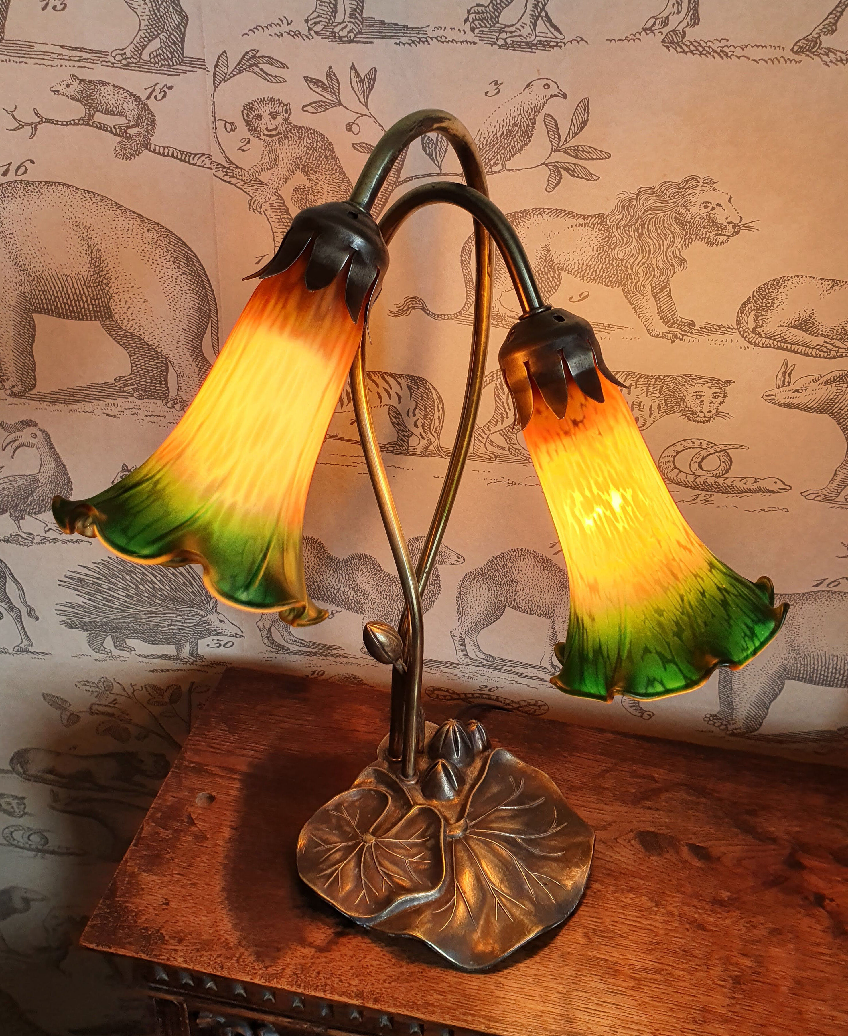 Brass lamp and glass paste water lily leaves