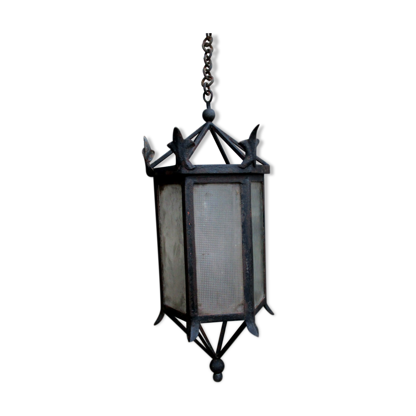 ancient hexagonal wrought iron lantern, decoration lily flowers- 19th century
