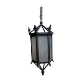ancient hexagonal wrought iron lantern, decoration lily flowers- 19th century