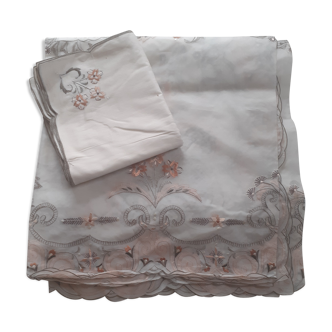 Large embroidered organza tablecloth and 12 napkins