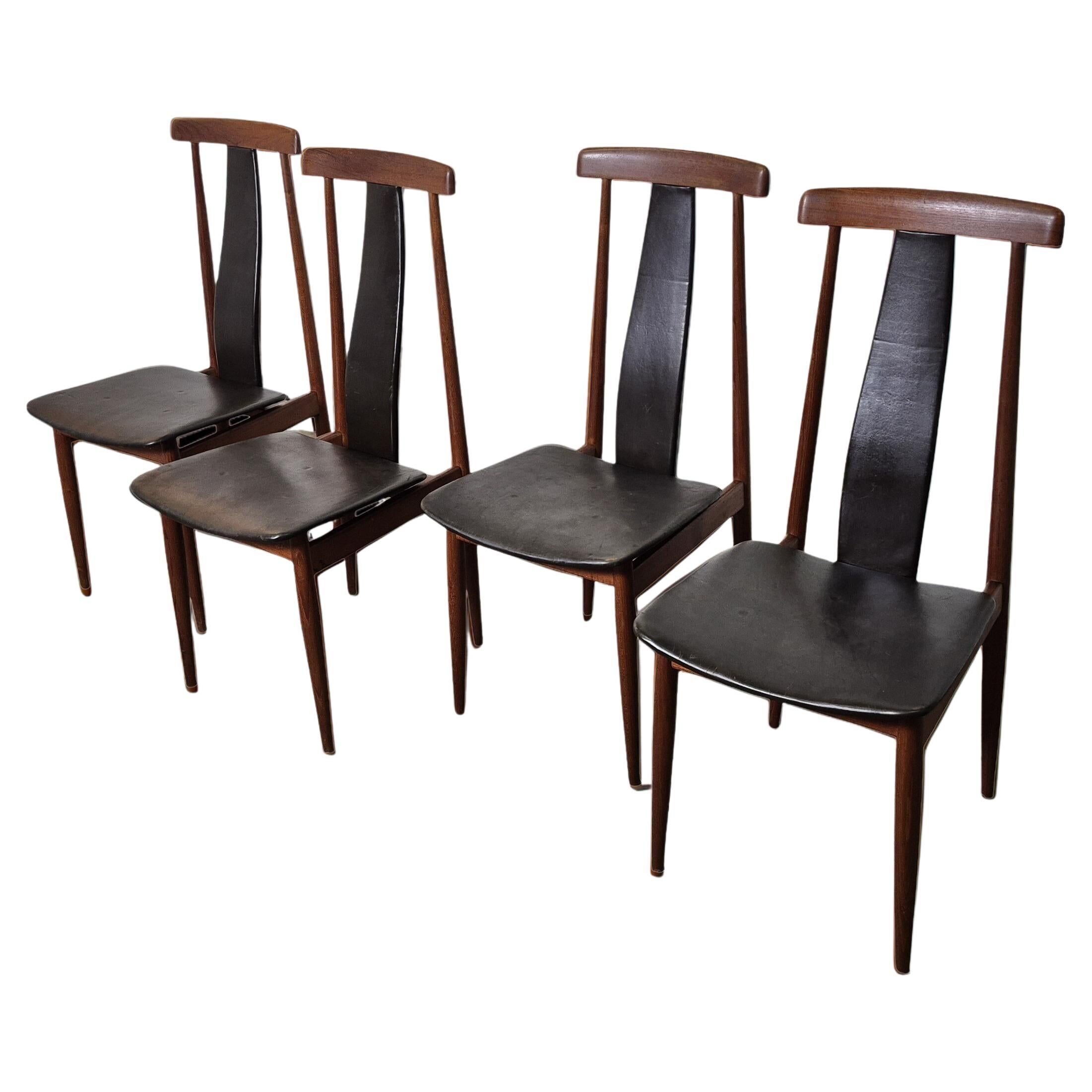 Set of 4 teak and leather dining chairs, Denmark 1960s