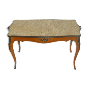 table basse style Louis XV marbre laiton et marqueterie