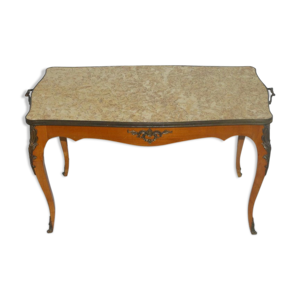 Table basse style Louis XV marbre laiton et marqueterie