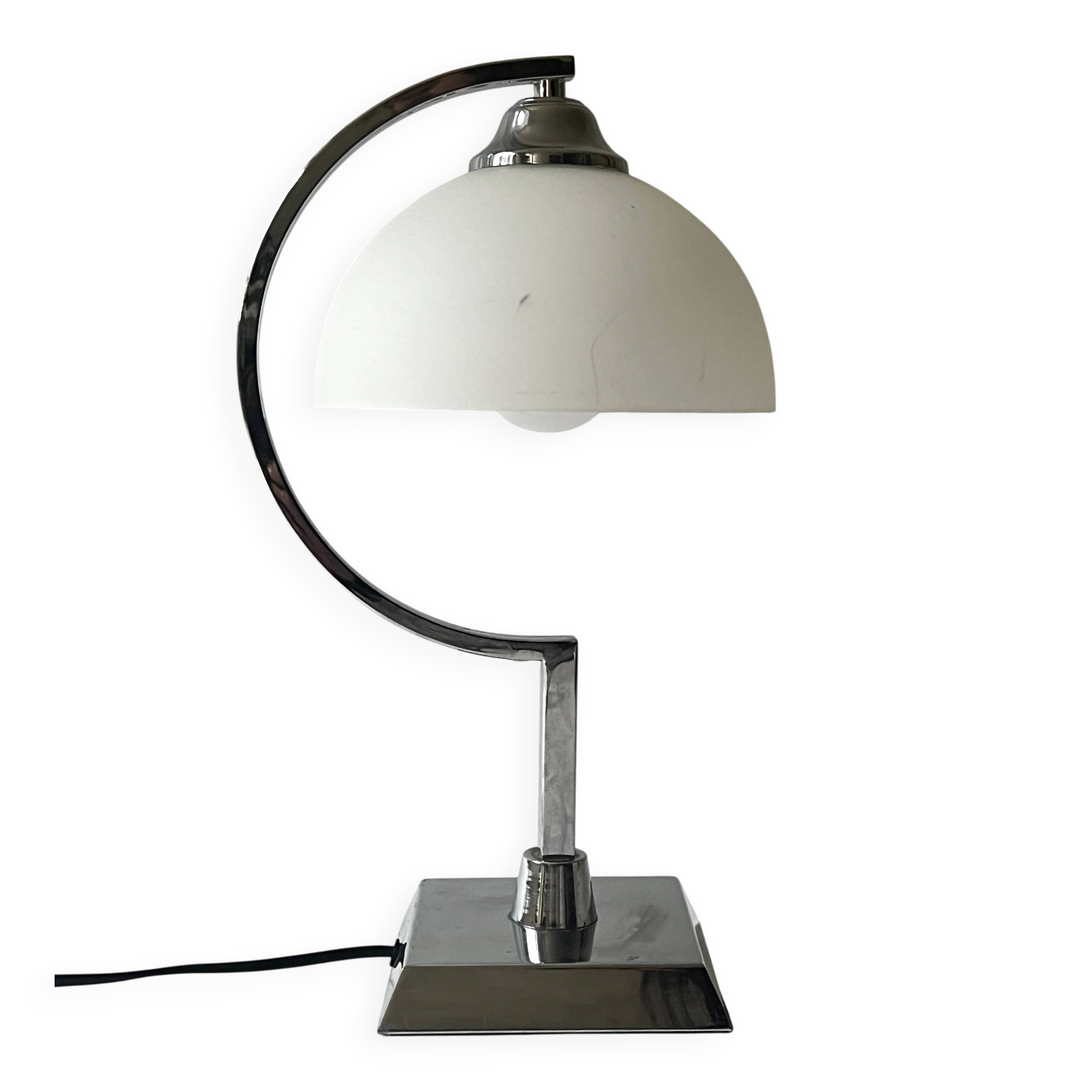 Bureau lamp / bedside lamp Bauhaus chrome metal & opal glass, design 1970